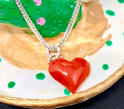 sterling silver red enamelled domed heart charm/pendant