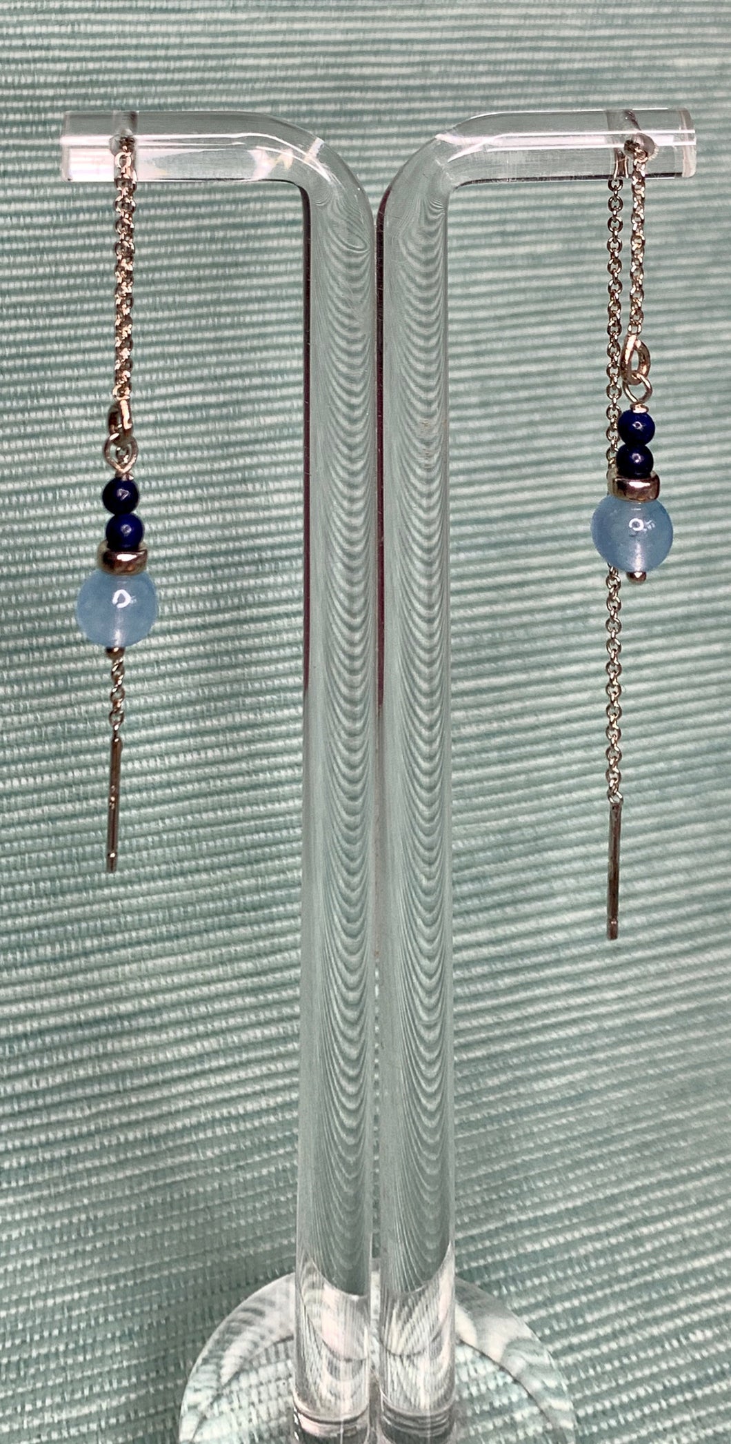 Sterling silver thread through earrings with aquamarine lapis & silver beads